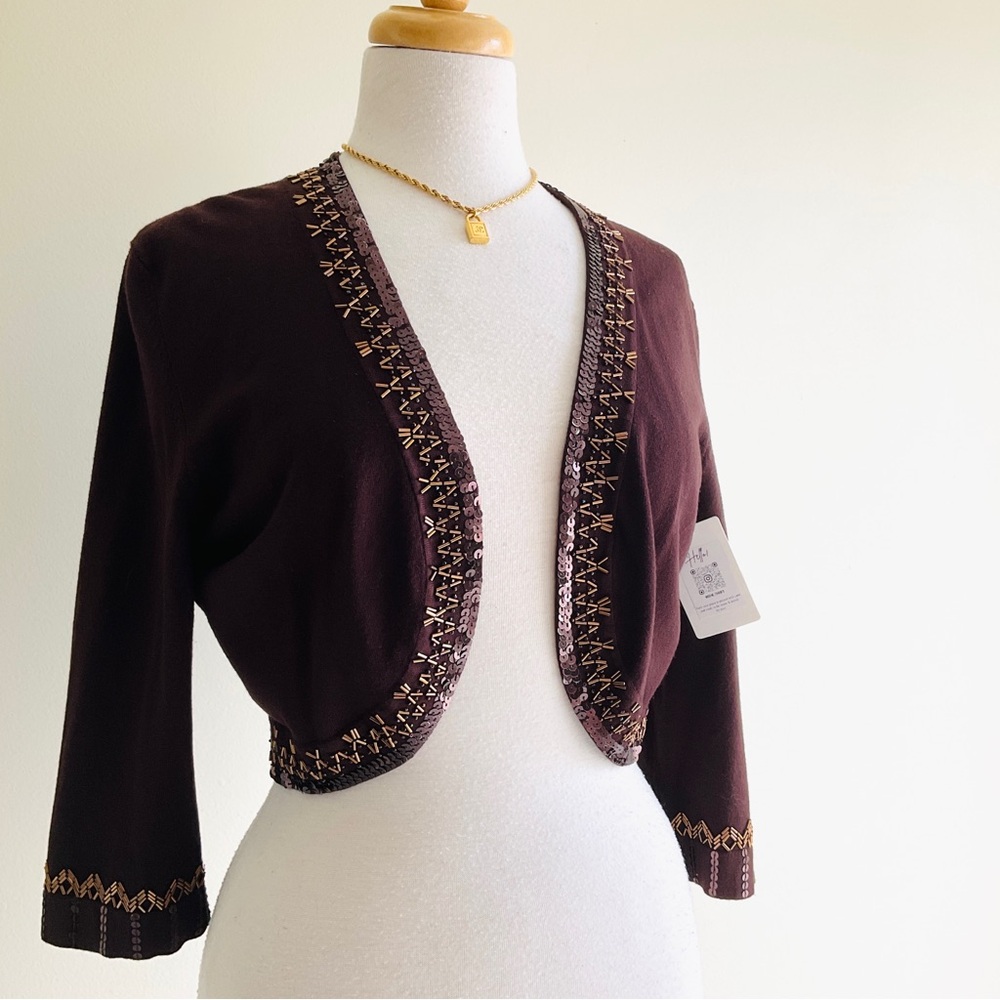 Cache Burgundy Open-Front Embroidered Bolero Cardigan